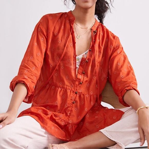NEW Anthropologie Pilcro Tiered Tunic Top Rust Orange Boho Copper Button Aztec - Picture 2 of 8